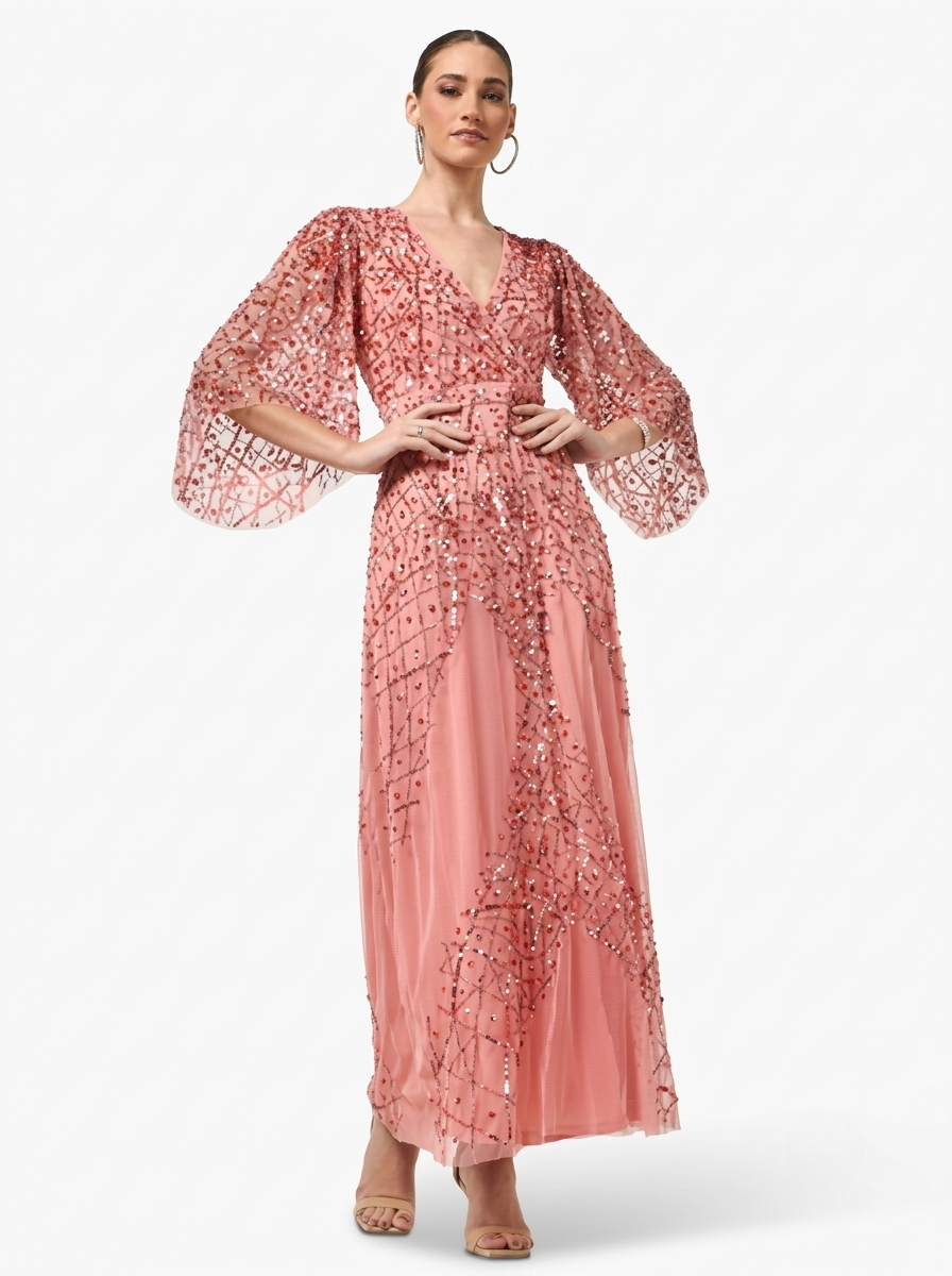 Pink Sequined & Beaded Surplice Neck Flared Sleeves Women's Evening Maxi Dress