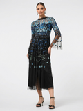 Black Sequined & Beaded Round Neck Bell Sleeves Slit Women's Evening Midi Dress