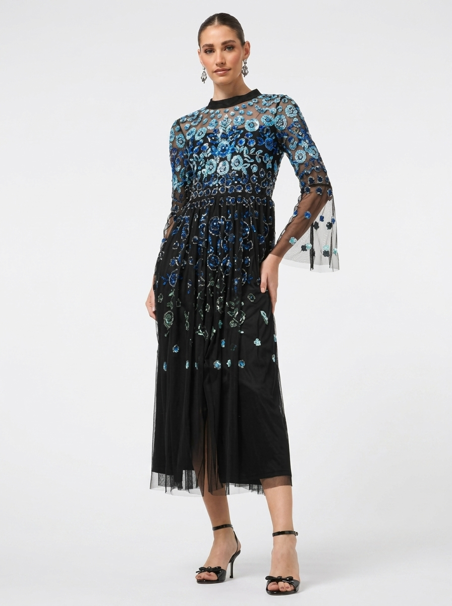 Black Sequined & Beaded Round Neck Bell Sleeves Slit Women's Evening Midi Dress