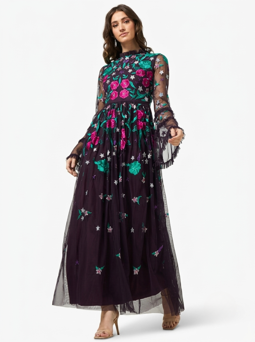 Purple Floral Embroidered Round Neck Bell Sleeves Flared Women's Evening Maxi Dress