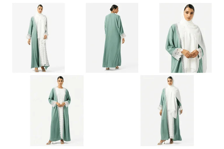 Elegant Sage Green Abaya with White Lace Embroidery & Matching Hijab