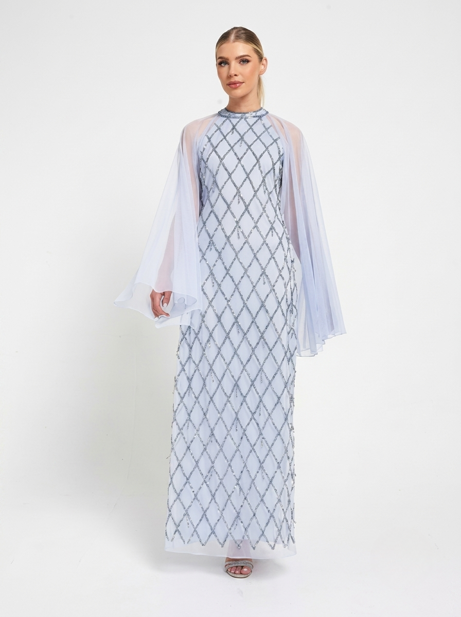 Amelia Rose Lavender Sequined Flared Sheer Sleeves Shift Women's Evening Maxi Dress