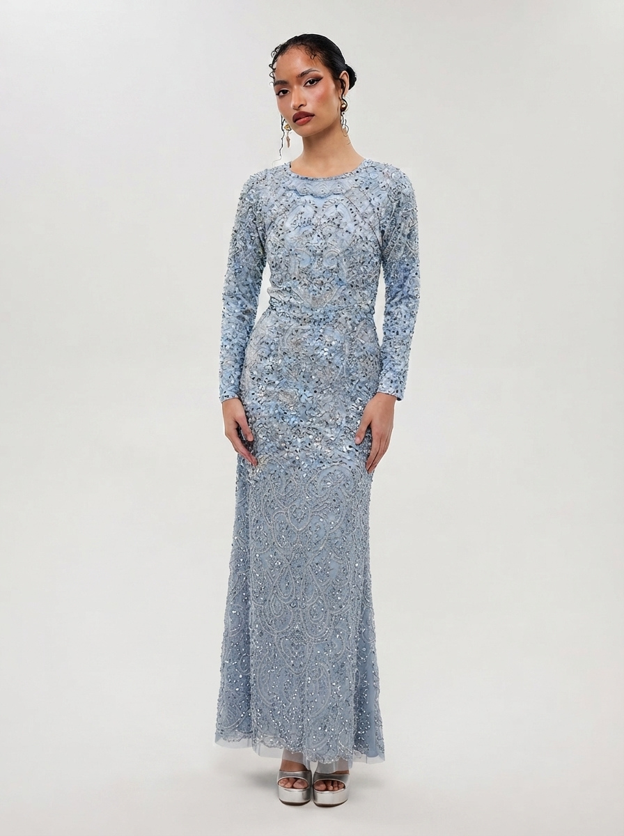 Grey Sequined & Beaded Raglan Sleeves Flared Women's Evening Maxi Dress