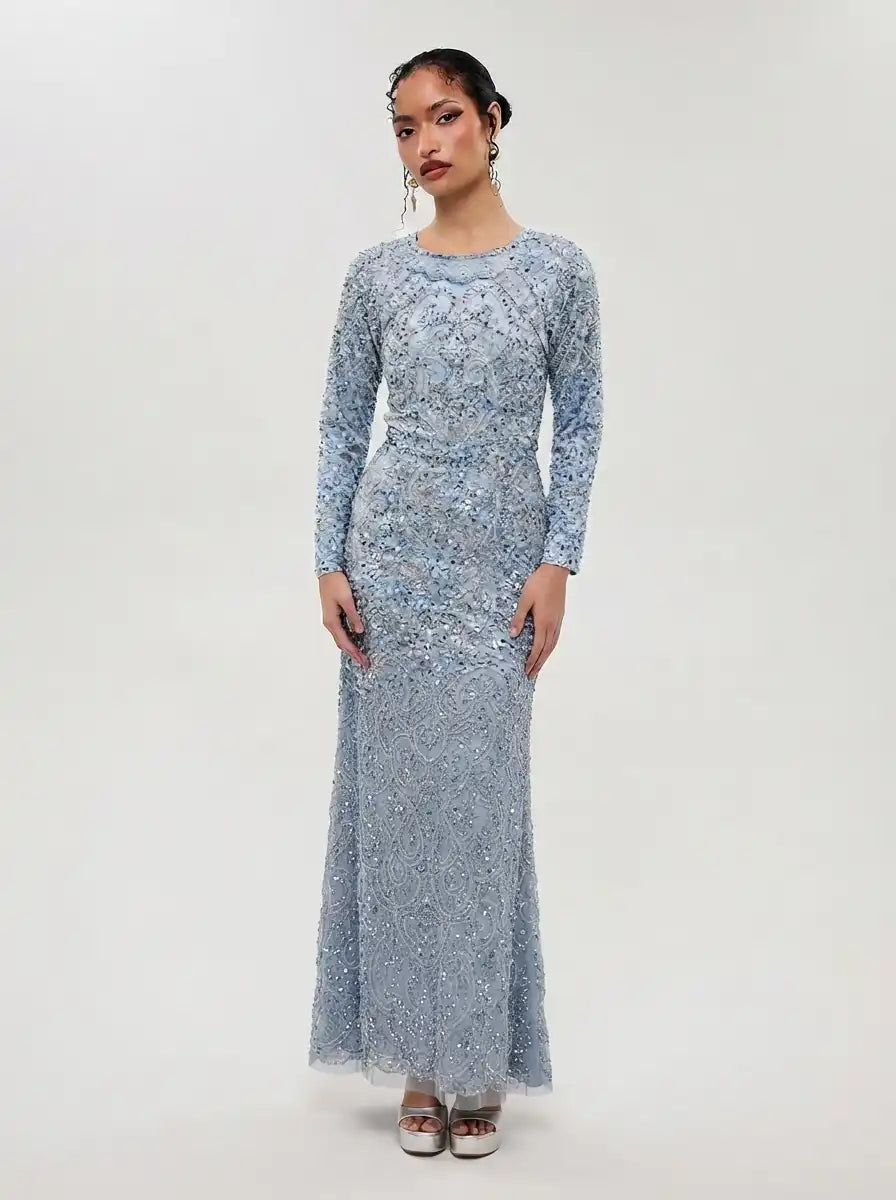 Grey Sequined & Beaded Raglan Sleeves Flared Women's Evening Maxi Dress