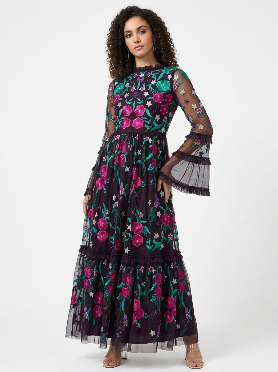 Purple Floral Embroidered Round Neck Bell Sleeves Flared Women's Evening Maxi Dress