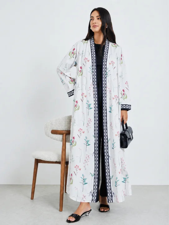 Floral Printed Open Abaya with Navy Geometric Border