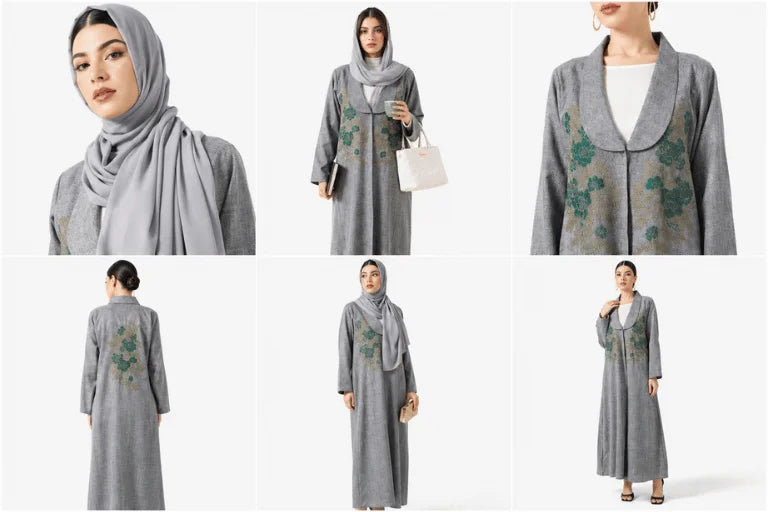 Grey Floral Embroidered Abaya
