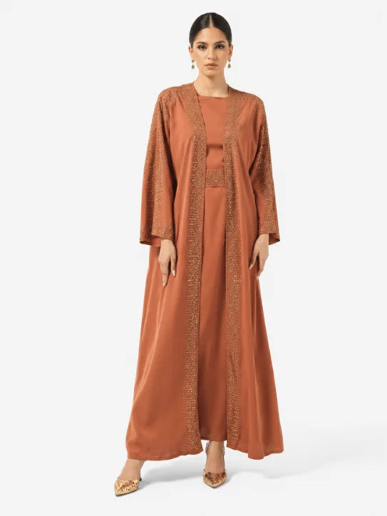 Elegant Rust Embroidered Long Robe & Wide-Leg Formal Ensemble Abaya