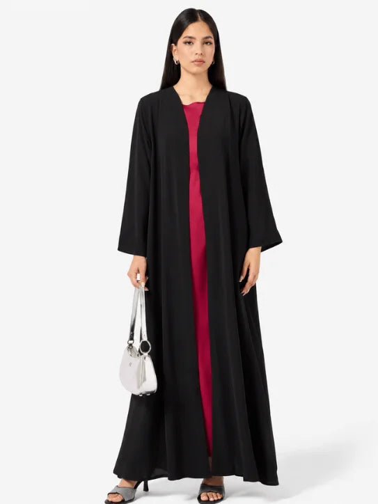 Elegant Black Open Abaya with Magenta Inner Dress