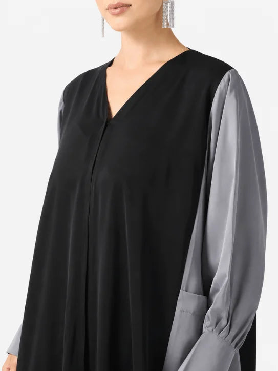 Women’s Elegant Black & Grey Color-Block Abaya with Matching Hijab