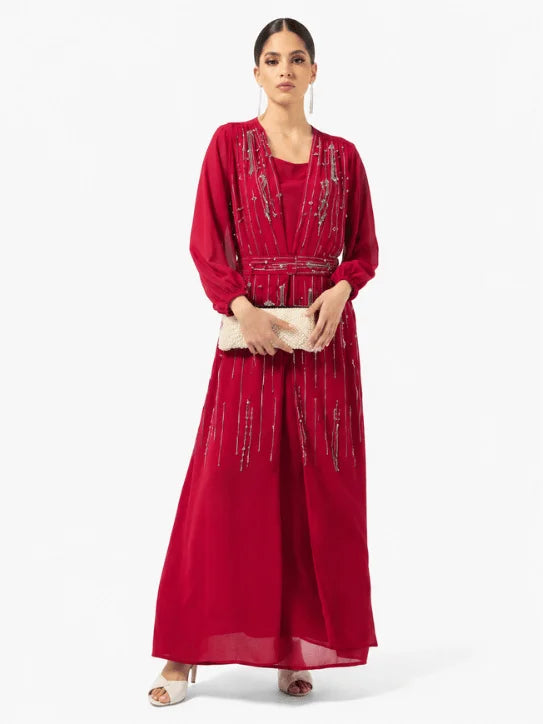 Women’s Burgundy Embellished Maxi Dress with Belt & Sheer Sleeves