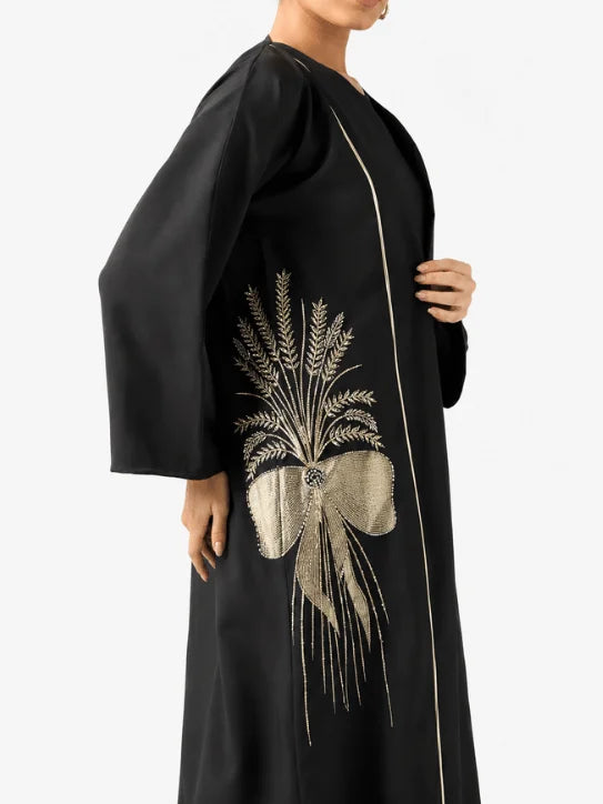 Luxury Black Abaya with Gold Embroidery & Fine Piping