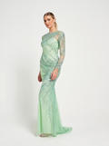 Green Sequined & Beaded Sheer Sleeves Women's Evening Maxi Dress