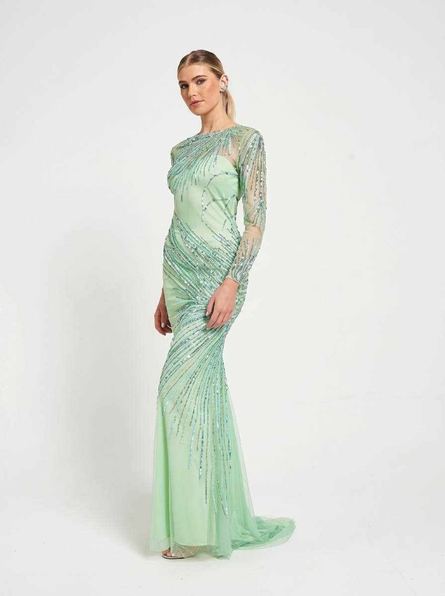 Green Sequined & Beaded Sheer Sleeves Women's Evening Maxi Dress