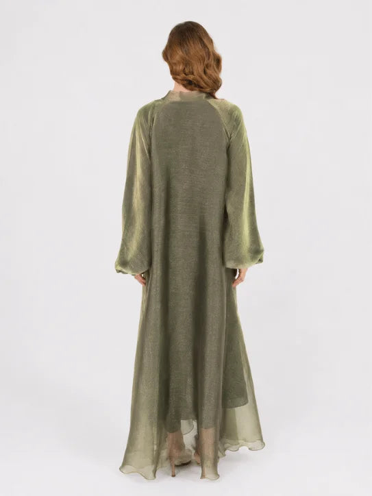 Olive Green Shimmering Kaftan Abaya with Flared Sleeves