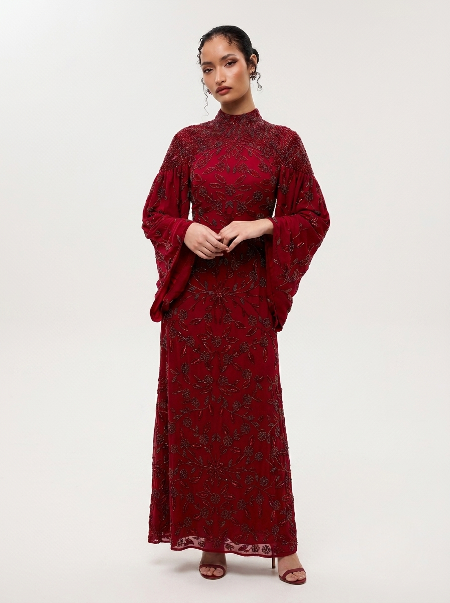 Maroon Beaded Tulle High Neck Flared Sleeves Sheath Women's Evening Maxi Dress
