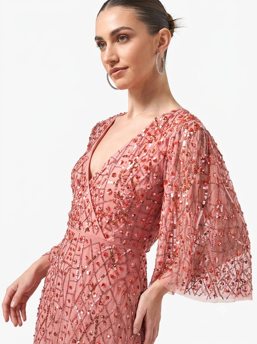 Pink Sequined & Beaded Surplice Neck Flared Sleeves Women's Evening Maxi Dress
