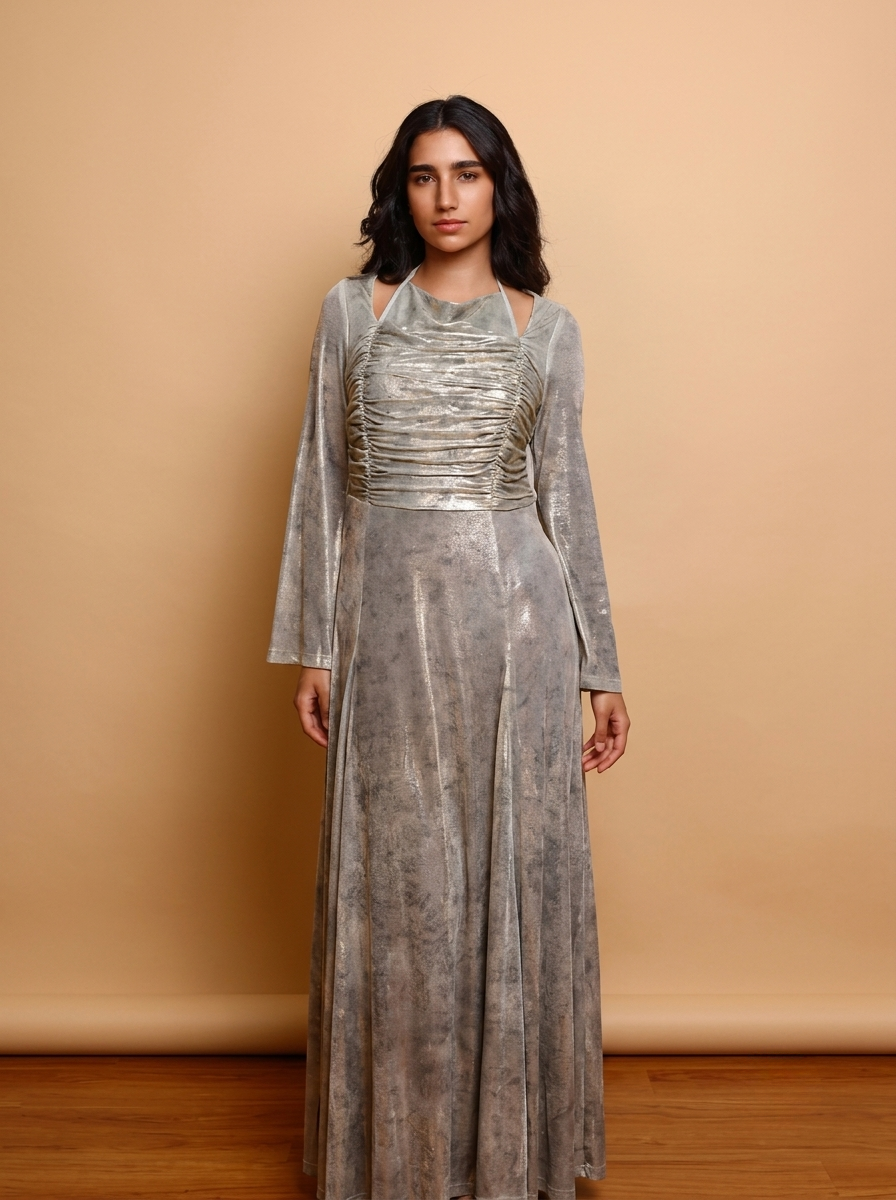 Ruched Metallic Halter Neck Women's Evening Fit & Flared Jalabiya