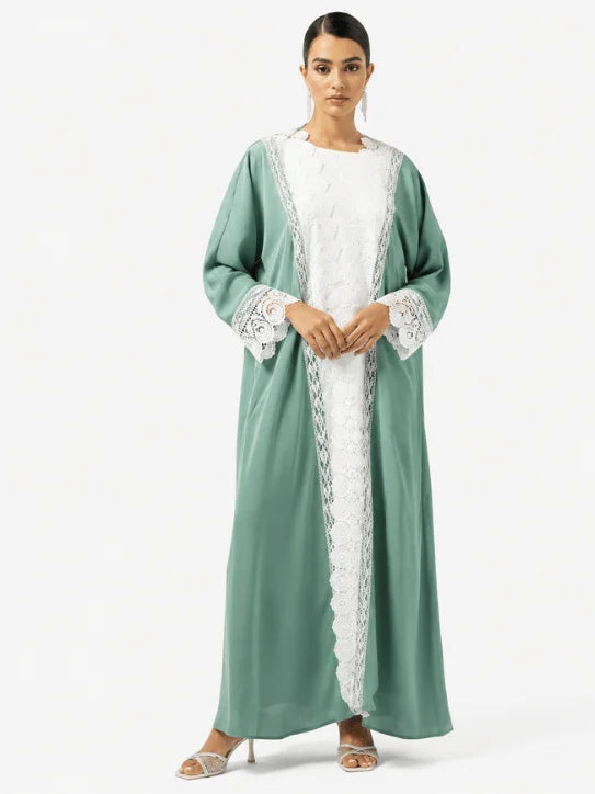 Elegant Sage Green Abaya with White Lace Embroidery & Matching Hijab