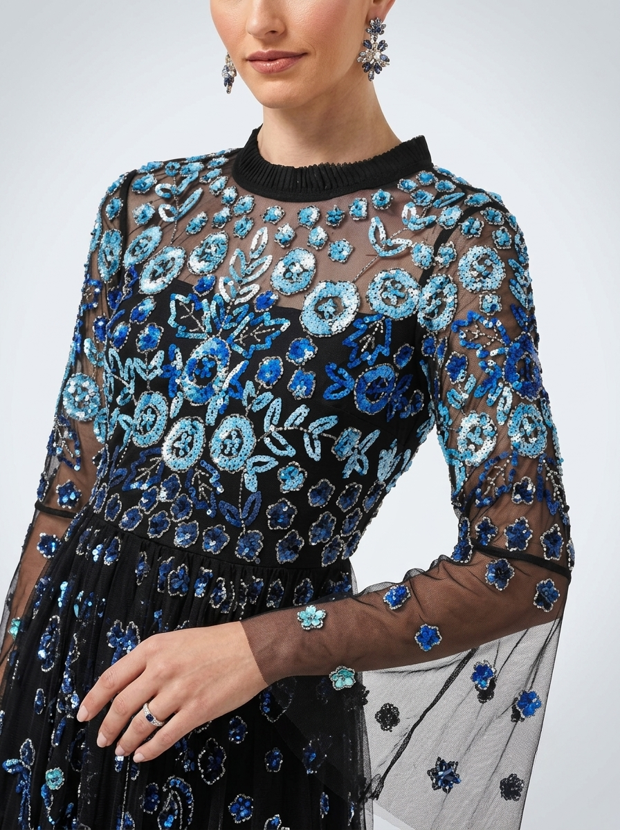 Black Sequined & Beaded Round Neck Bell Sleeves Slit Women's Evening Midi Dress