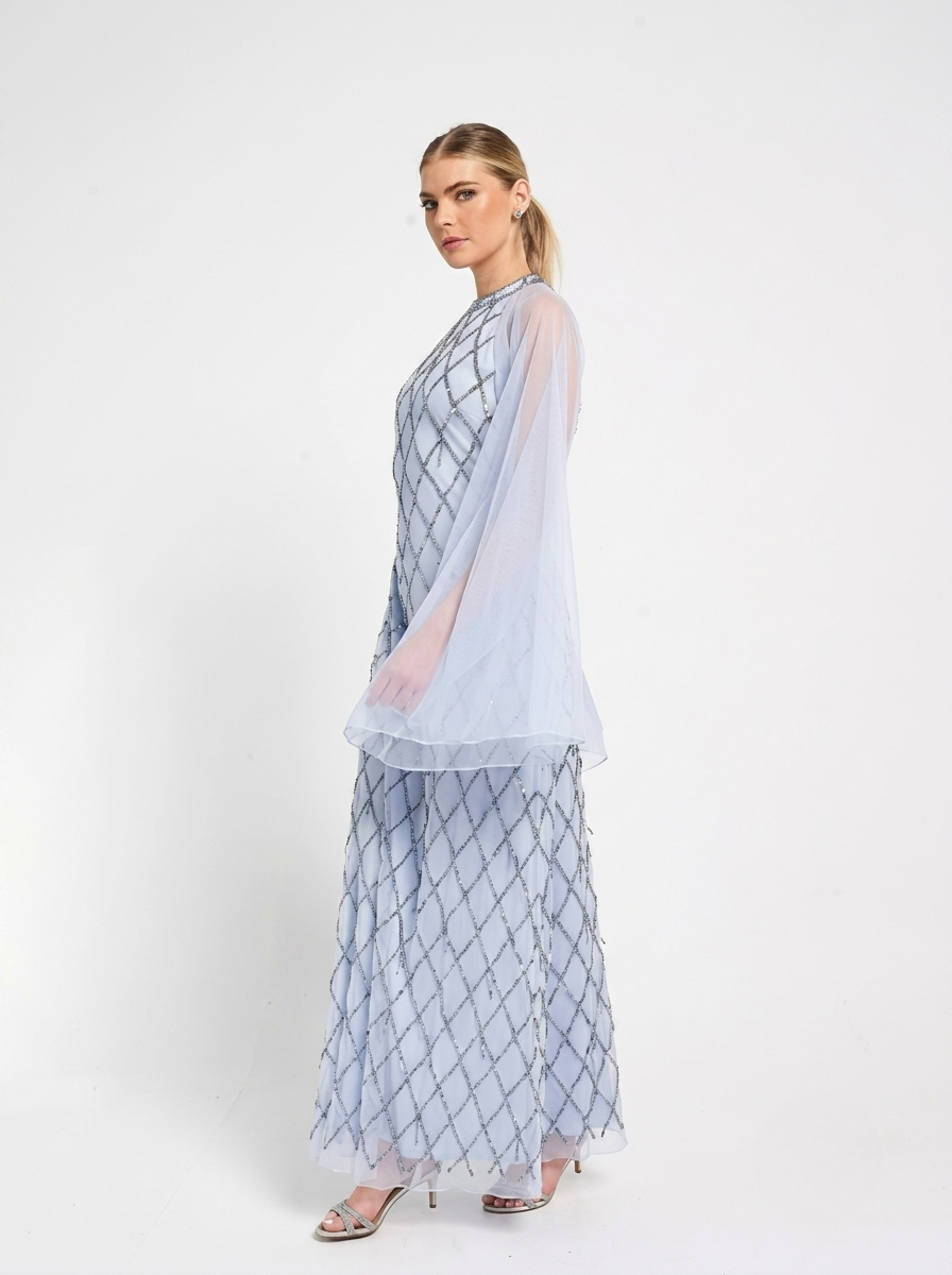 Amelia Rose Lavender Sequined Flared Sheer Sleeves Shift Women's Evening Maxi Dress