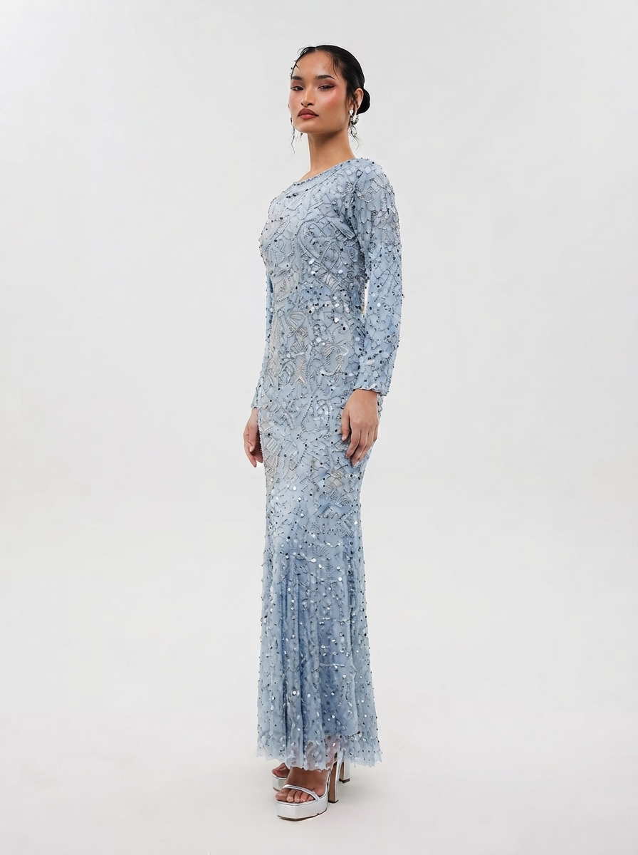 Grey Sequined & Beaded Raglan Sleeves Flared Women's Evening Maxi Dress