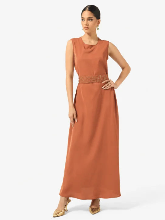 Elegant Rust Embroidered Long Robe & Wide-Leg Formal Ensemble Abaya