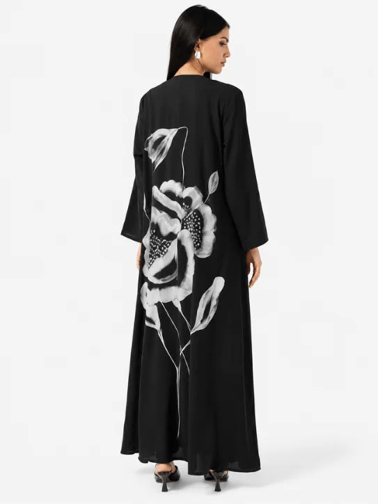 Elegant Black Open Abaya with Magenta Inner Dress