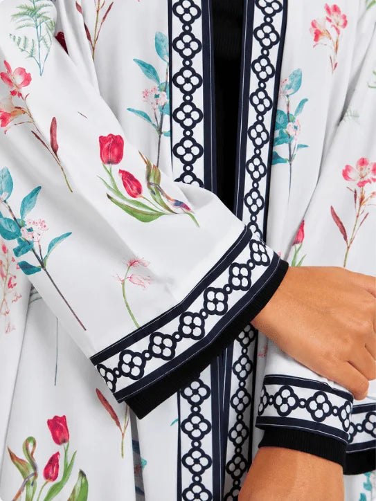 Floral Printed Open Abaya with Navy Geometric Border