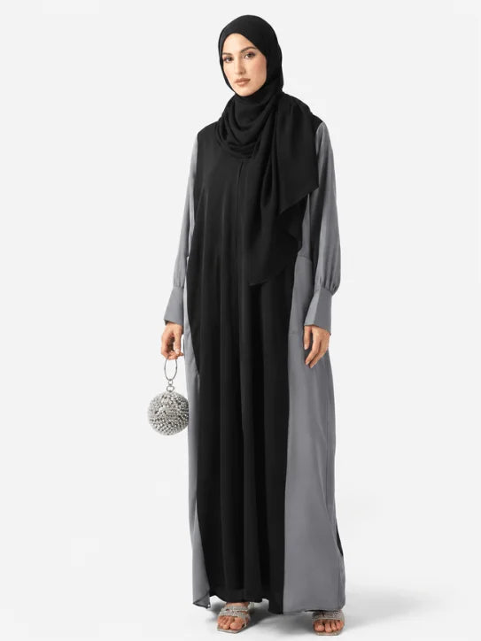 Women’s Elegant Black & Grey Color-Block Abaya with Matching Hijab