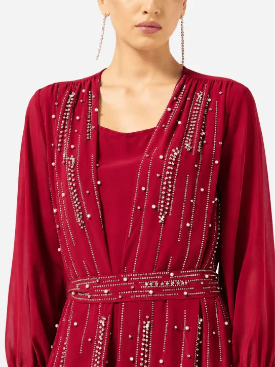 Women’s Burgundy Embellished Maxi Dress with Belt & Sheer Sleeves