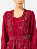 Women’s Burgundy Embellished Maxi Dress with Belt & Sheer Sleeves