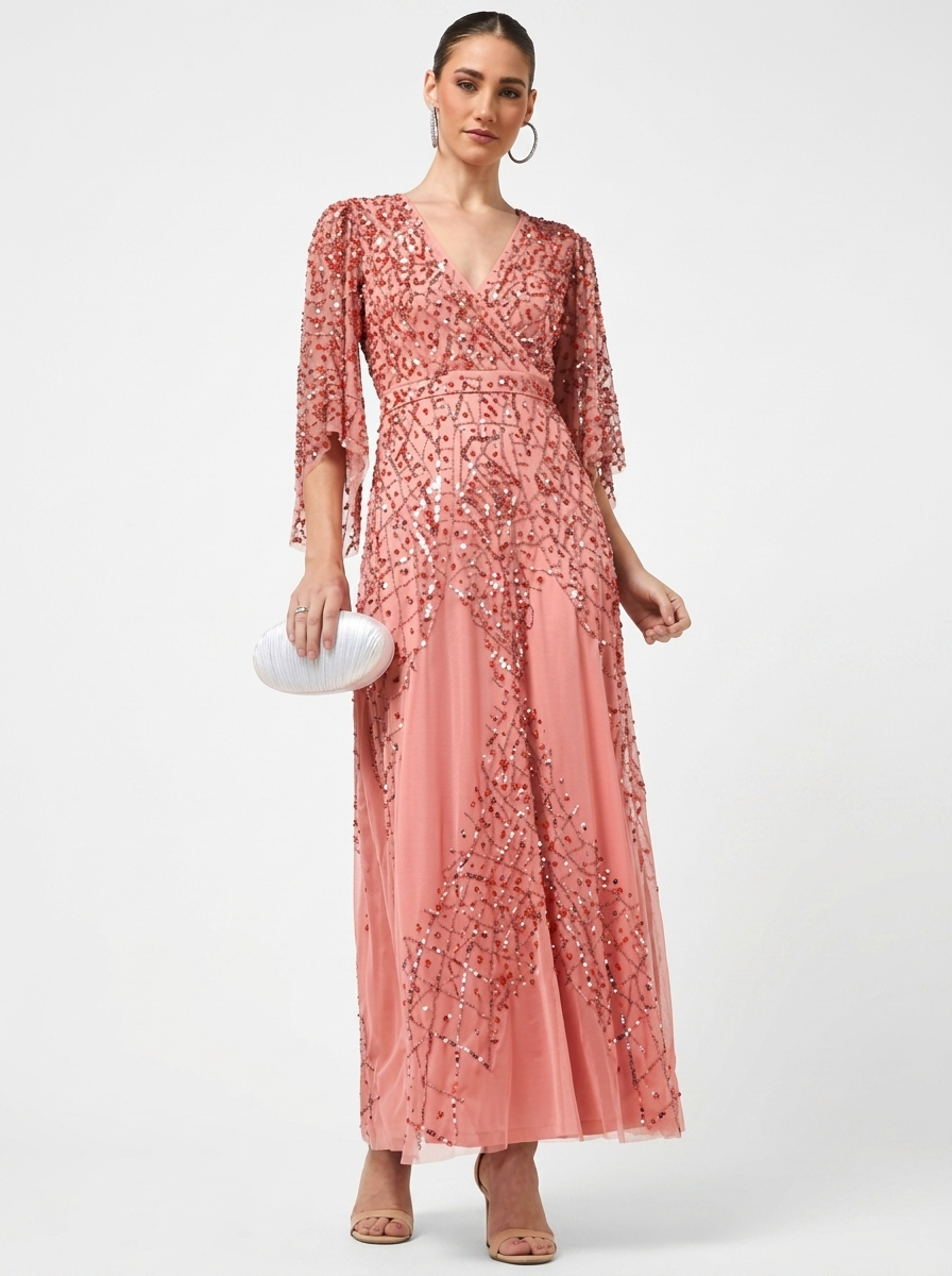 Pink Sequined & Beaded Surplice Neck Flared Sleeves Women's Evening Maxi Dress