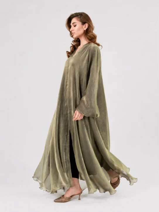 Olive Green Shimmering Kaftan Abaya with Flared Sleeves