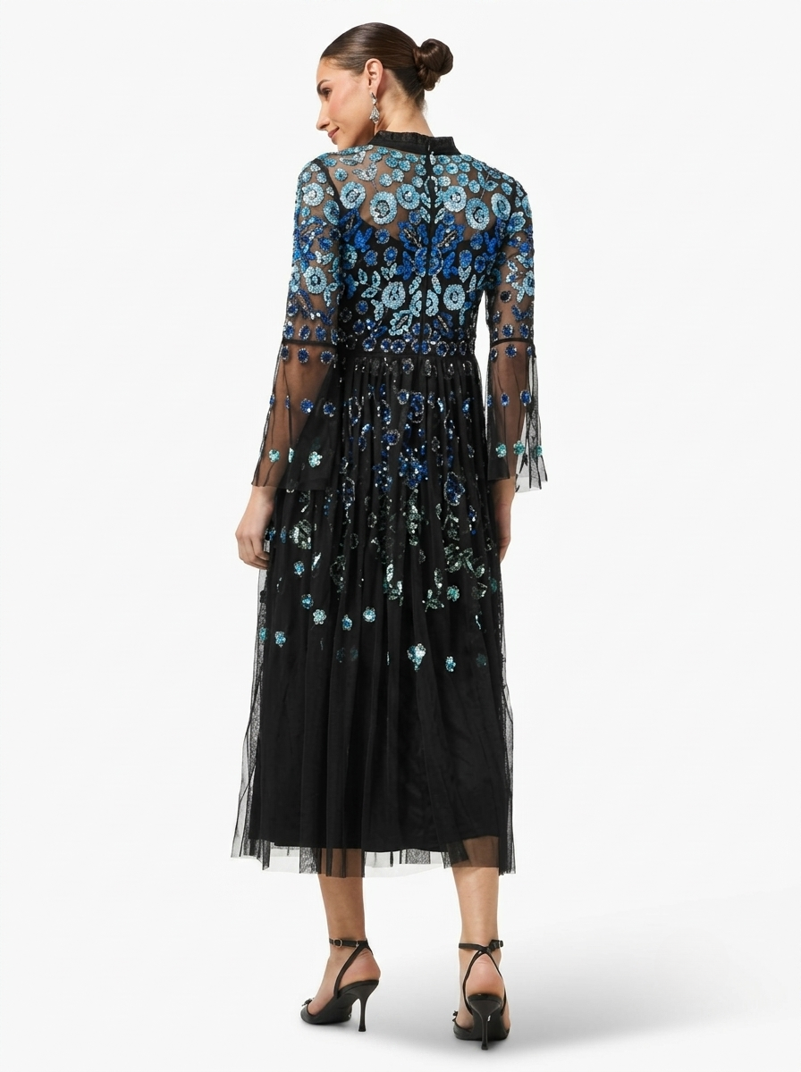 Black Sequined & Beaded Round Neck Bell Sleeves Slit Women's Evening Midi Dress