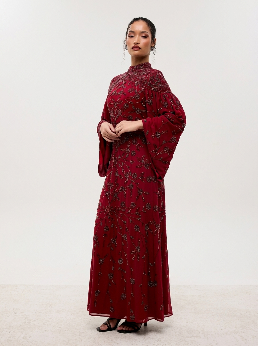 Maroon Beaded Tulle High Neck Flared Sleeves Sheath Women's Evening Maxi Dress