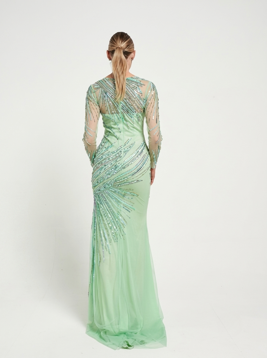 Green Sequined & Beaded Sheer Sleeves Women's Evening Maxi Dress