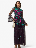 Purple Floral Embroidered Round Neck Bell Sleeves Flared Women's Evening Maxi Dress