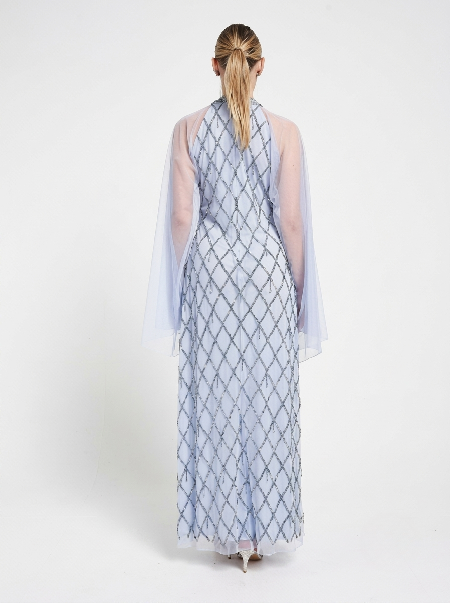 Amelia Rose Lavender Sequined Flared Sheer Sleeves Shift Women's Evening Maxi Dress