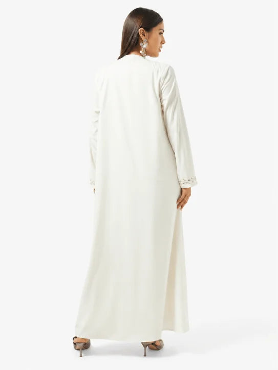 Elegant Ivory Abaya with Pearl Embroidery & Embellished Cuffs