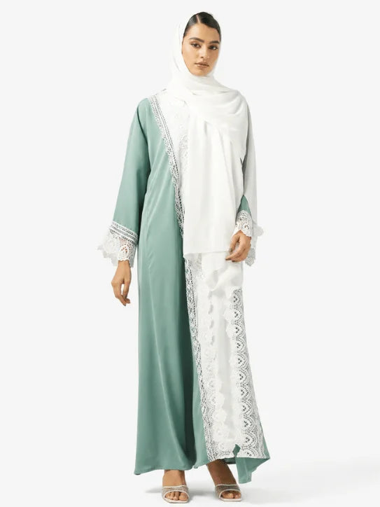 Elegant Sage Green Abaya with White Lace Embroidery & Matching Hijab