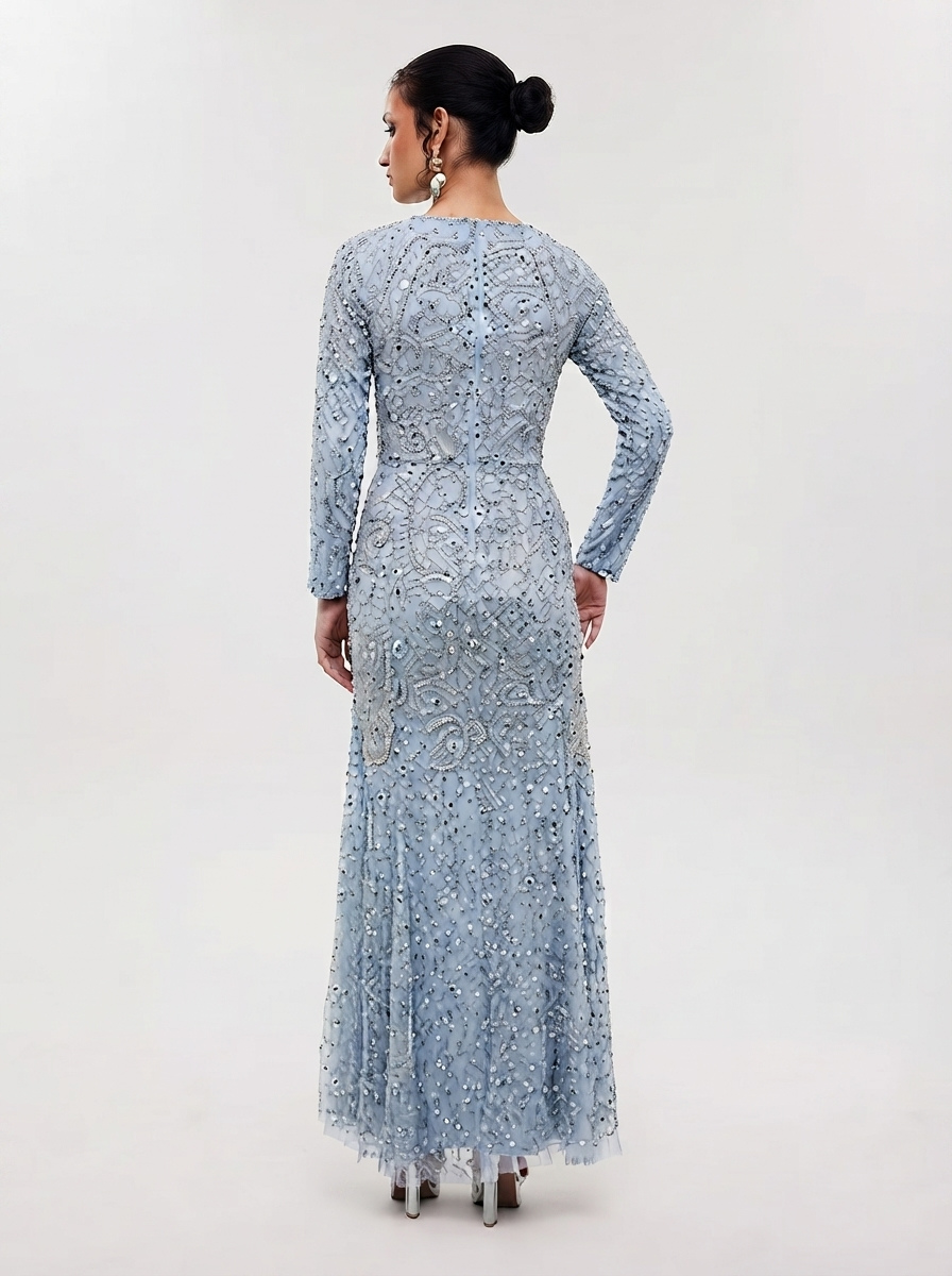 Grey Sequined & Beaded Raglan Sleeves Flared Women's Evening Maxi Dress