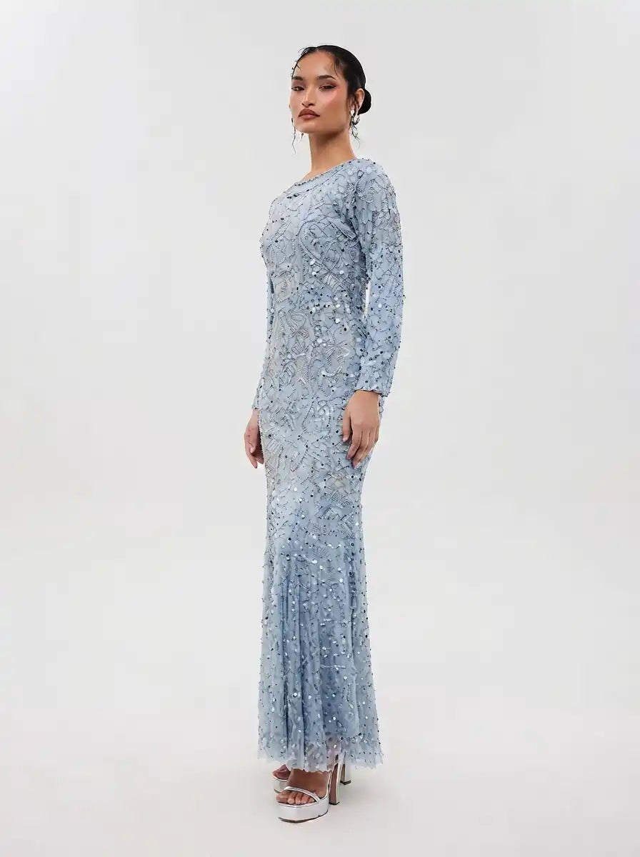 Grey Sequined & Beaded Raglan Sleeves Flared Women's Evening Maxi Dress