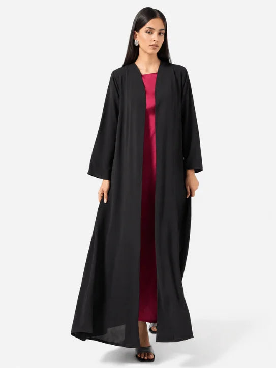 Elegant Black Open Abaya with Magenta Inner Dress