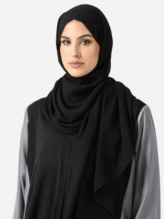 Women’s Elegant Black & Grey Color-Block Abaya with Matching Hijab