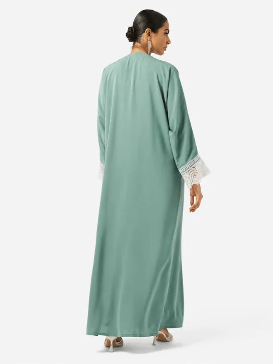 Elegant Sage Green Abaya with White Lace Embroidery & Matching Hijab