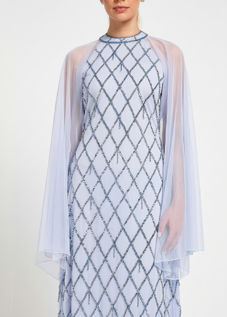 Amelia Rose Lavender Sequined Flared Sheer Sleeves Shift Women's Evening Maxi Dress