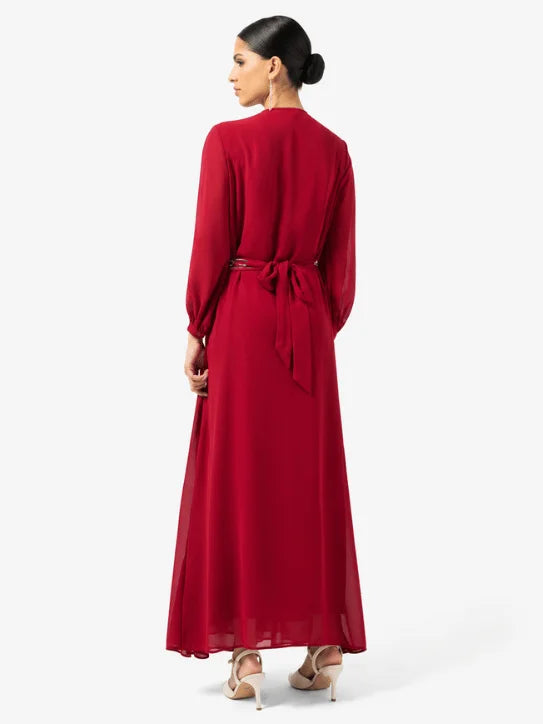Women’s Burgundy Embellished Maxi Dress with Belt & Sheer Sleeves