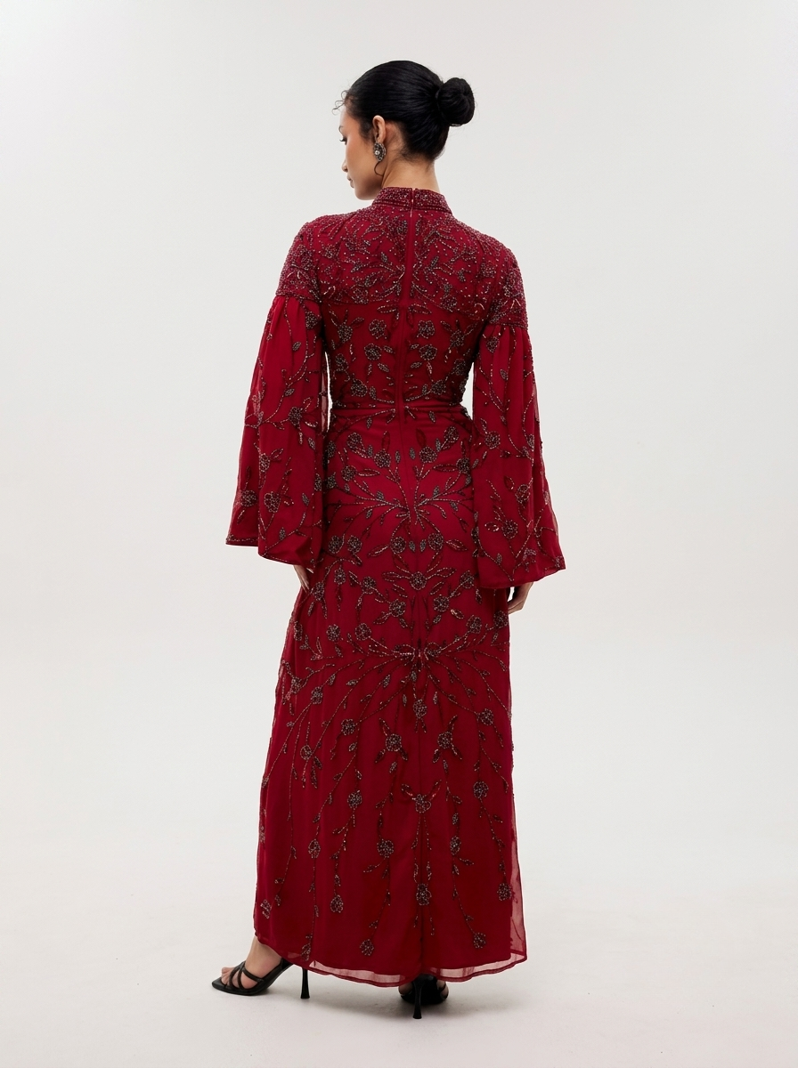 Maroon Beaded Tulle High Neck Flared Sleeves Sheath Women's Evening Maxi Dress