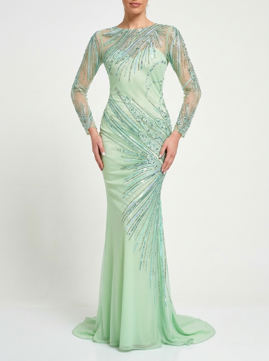 Green Sequined & Beaded Sheer Sleeves Women's Evening Maxi Dress